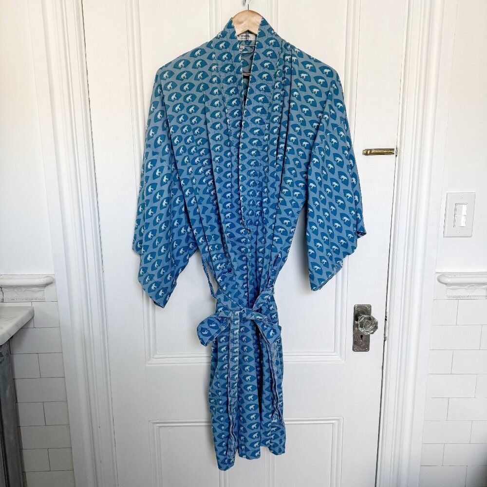 Vintage Mandarin Oriental Bangkok Hotel L Cotton Long Robe Blue with Elephants